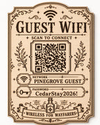 Wayfarer Wireless Guest WiFi Sign engraved birch sign shown close up against a plain warm white background in natural birch and dark engraving with a complete QR code and sample guest network details.