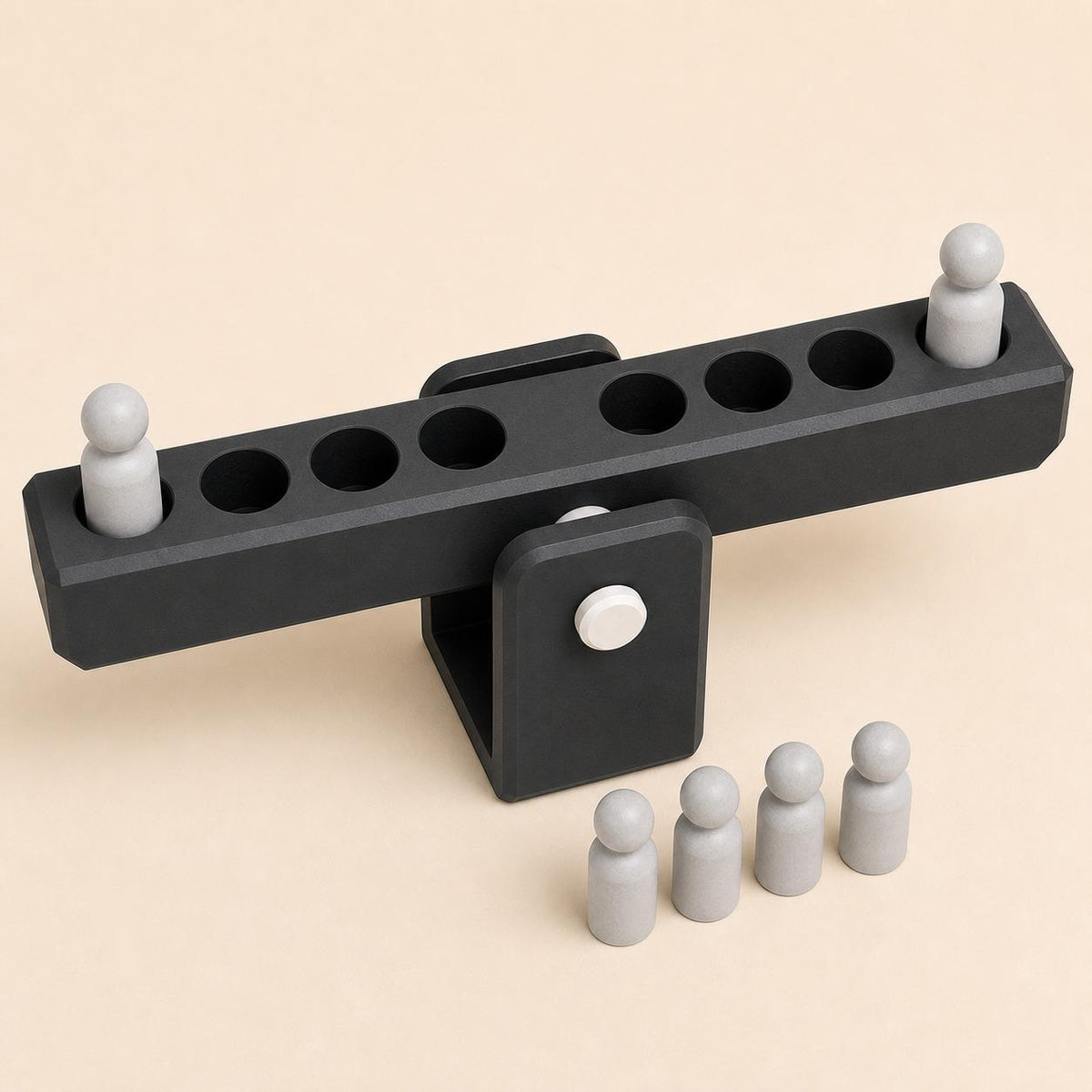 High overhead detail of the charcoal BalanceBridge showing all eight beam positions and six equal peg weights.