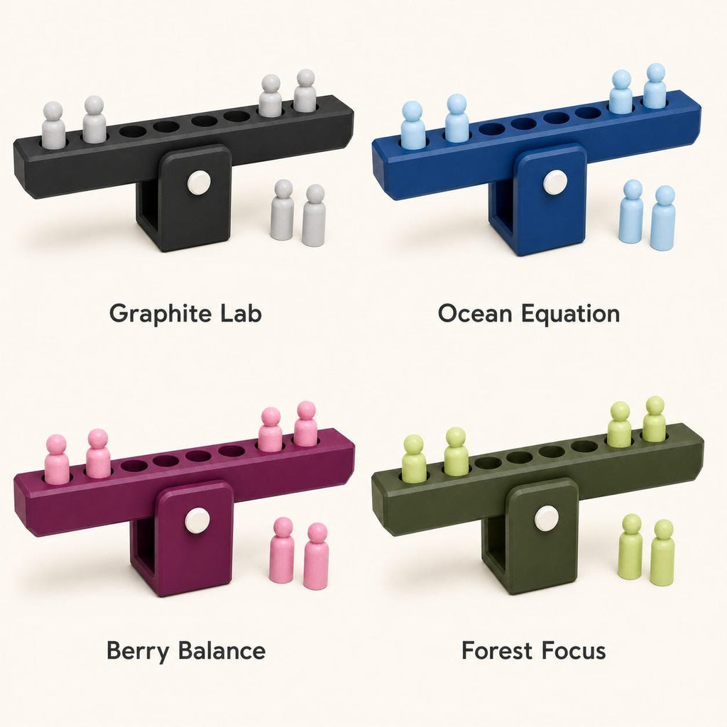 Four BalanceBridge color options shown together: Graphite Lab, Ocean Equation, Berry Balance, and Forest Focus.