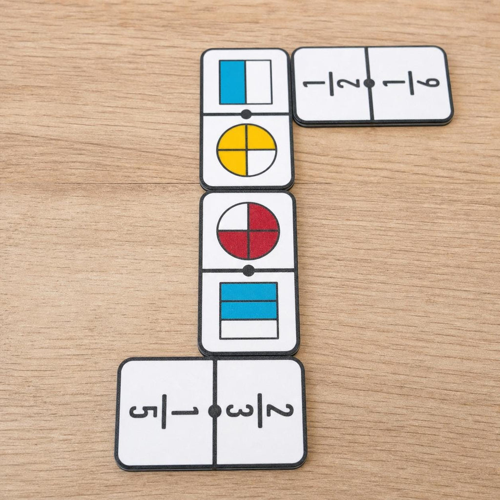 Basic EqualLink fraction tiles connected in a turning chain on a pale wood table, showing numerical and visual fraction matches.