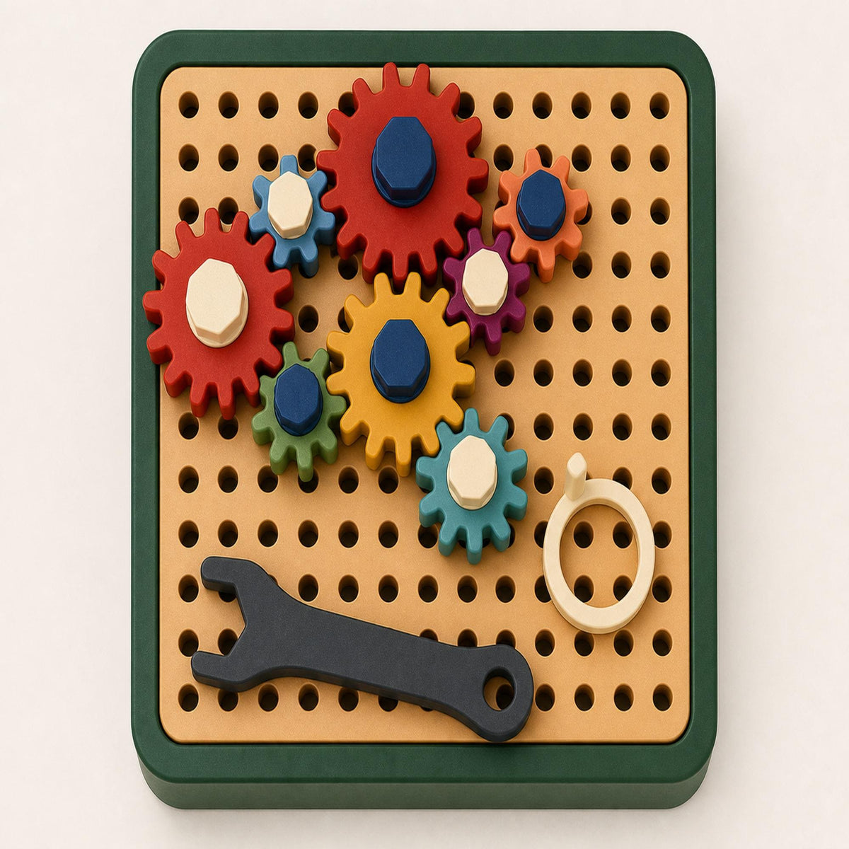 Overhead view of the square GearGarden learning board with connected red, yellow, green, blue, plum, and coral gears.