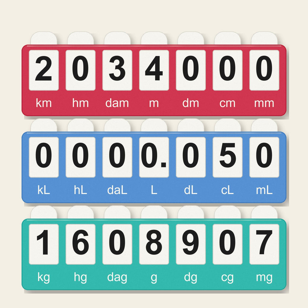 Top view of the complete red length, blue capacity, and teal mass board set on a plain cream background with all unit symbols visible.