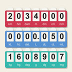 Top view of the complete red length, blue capacity, and teal mass board set on a plain cream background with all unit symbols visible.