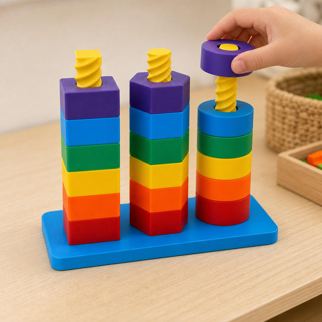 Child's hand placing the purple oval block above the right spiral post of the ShapeWhirl learning tower on a classroom table.
