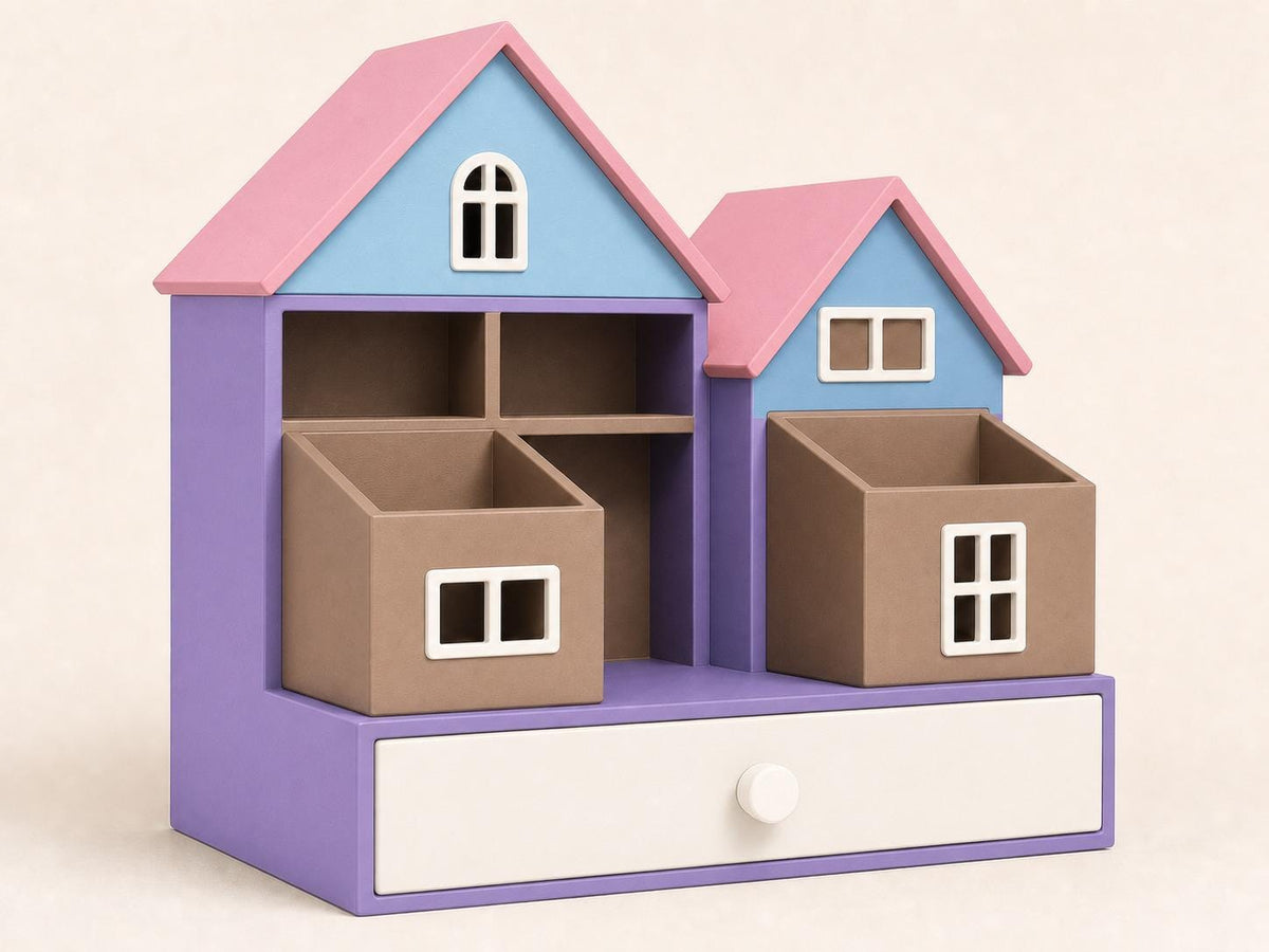 Storybook Pastel cottage organizer in lilac, pink, ice blue, latte brown, and ivory white from the front.