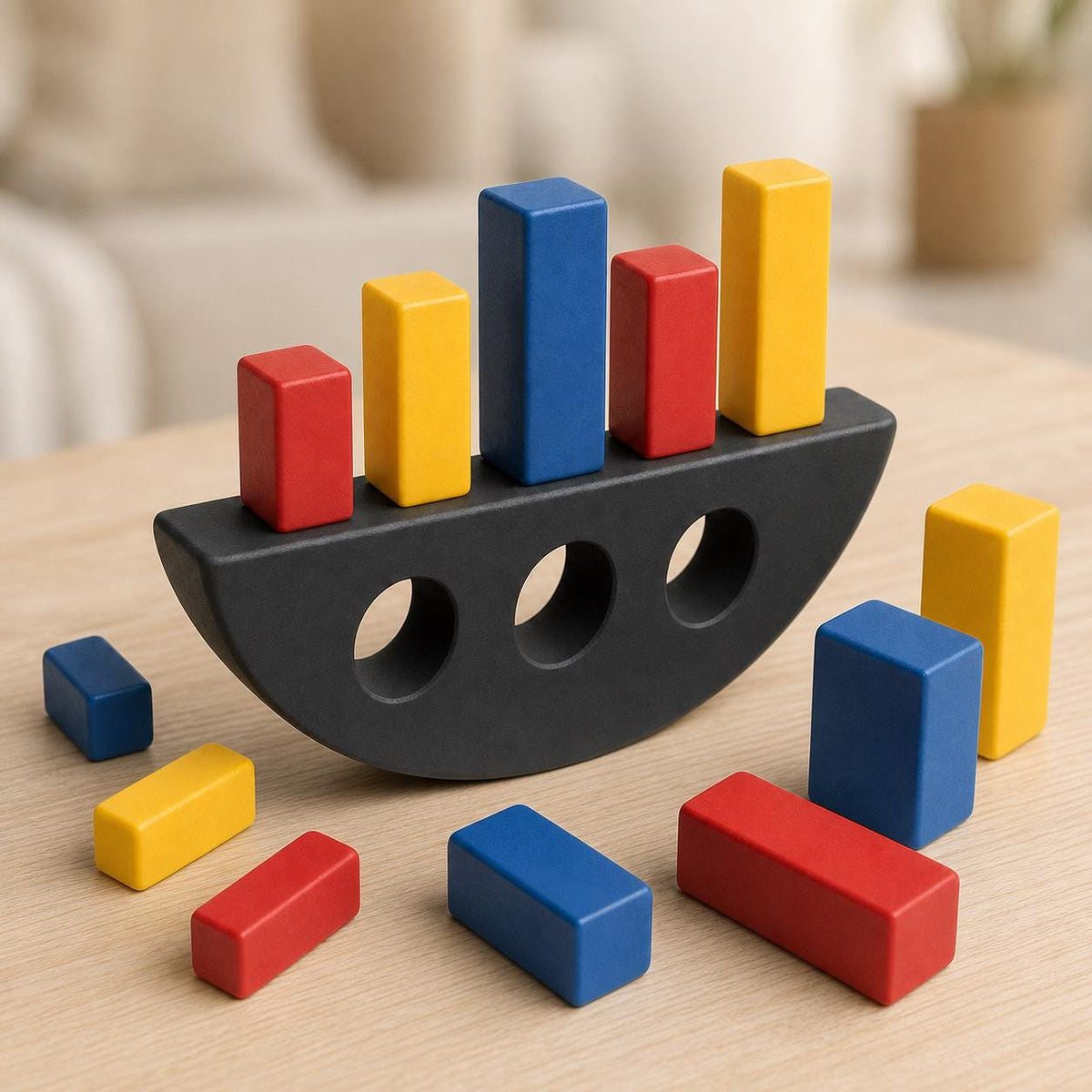 Arcade Pop ArcTumble gravity stack game from a close low angle, highlighting the curved underside, three openings, and chamfered blocks