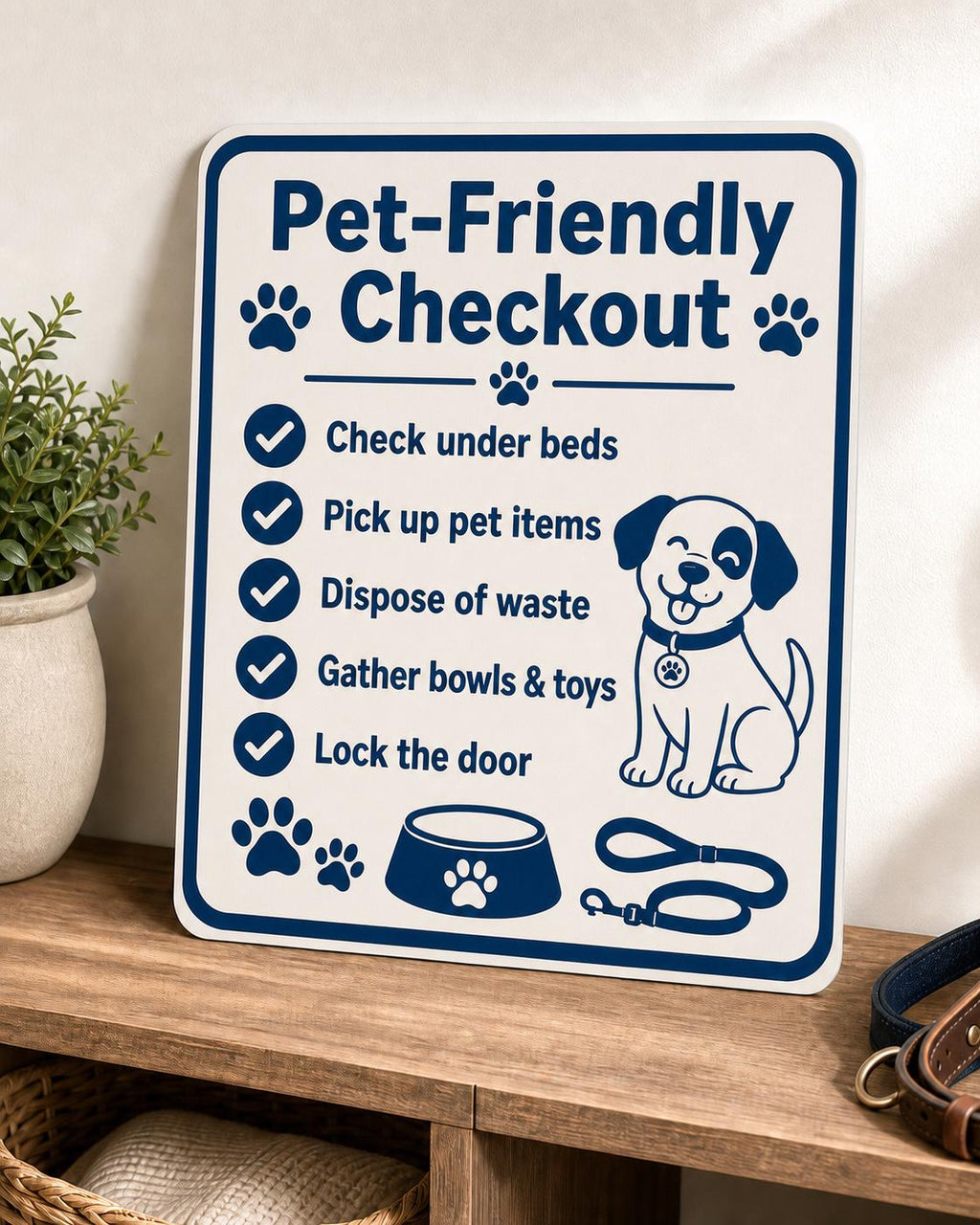 PawStay navy and cream pet-friendly checkout sign upright on a vacation-rental mudroom console in a close-up view.