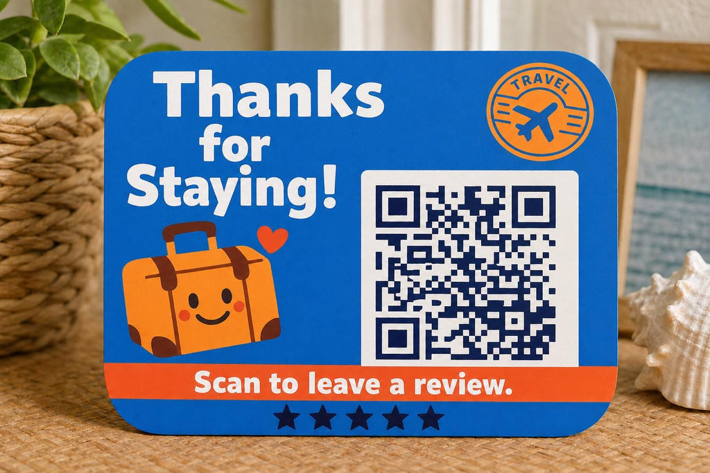 JetSet Thanks multicolor landscape travel review sign upright on a bright rental console with a finished sample QR code.