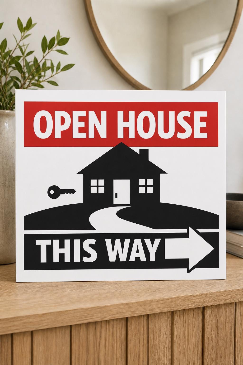 Homeward multicolor open-house direction sign upright in a neutral entry, shown close up with a bold right arrow.