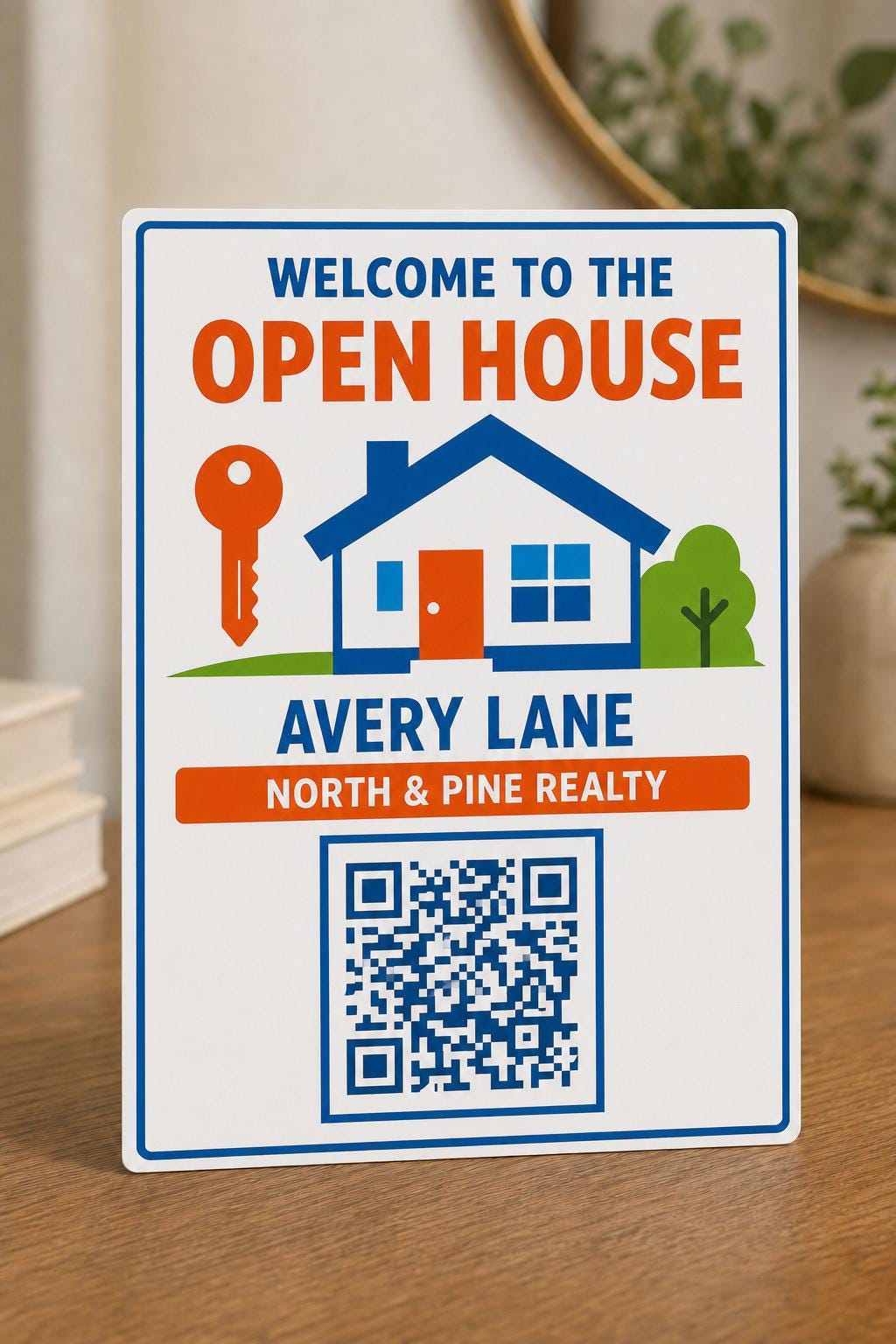 Keyline multicolor agent open-house sign upright in a bright entry with Avery Lane, North and Pine Realty, and a finished sample QR code.