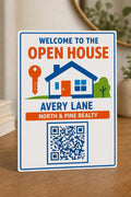 Keyline multicolor agent open-house sign upright in a bright entry with Avery Lane, North and Pine Realty, and a finished sample QR code.