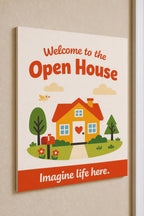 SunnyDoor multicolor open-house welcome sign mounted on a warm neutral wall from a close side angle.