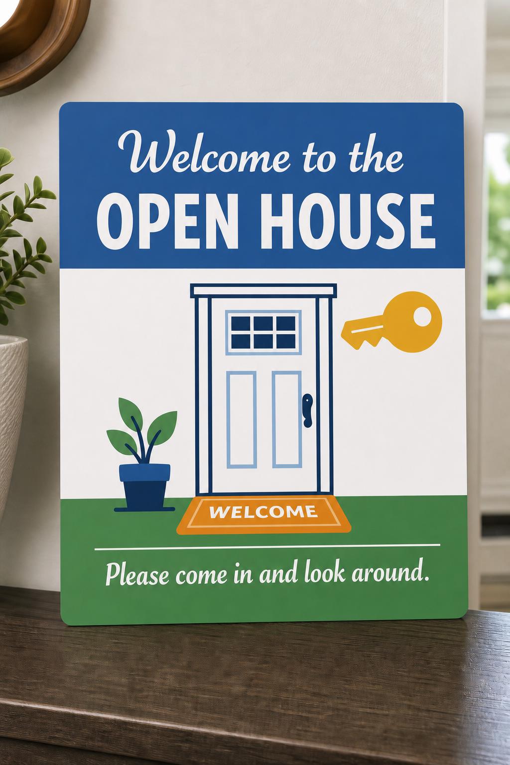 BlueDoor multicolor open-house welcome sign upright on a bright entry console with a blue doorway and gold key.