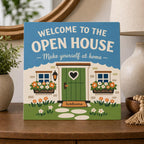 GardenGate multicolor square open-house welcome sign upright on a light console with a green cottage door and flowers.
