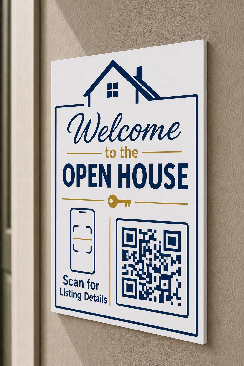 HouseKey multicolor listing-details sign mounted on a neutral wall from a close side angle with a finished sample QR code.