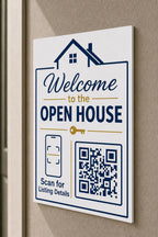 HouseKey multicolor listing-details sign mounted on a neutral wall from a close side angle with a finished sample QR code.