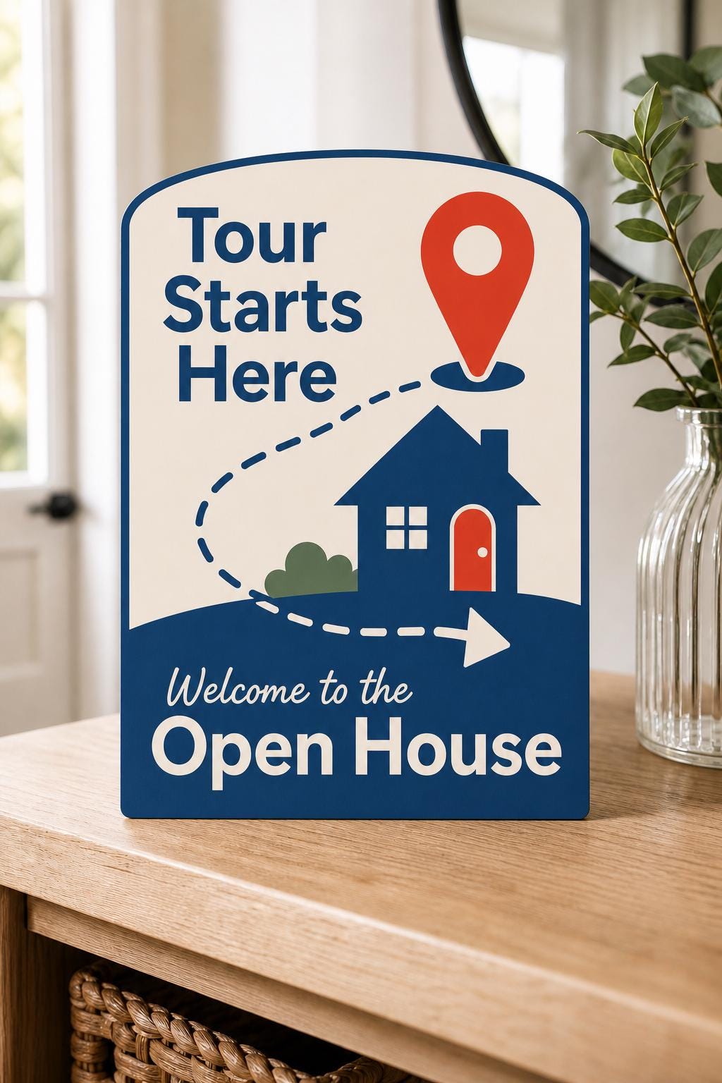 Wayfinder multicolor tour-start sign upright on a light entry console with a location pin, dotted route, and blue house.