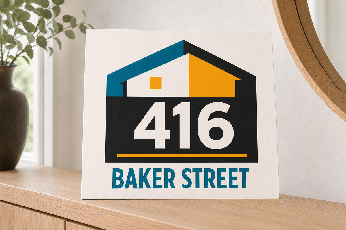 AddressMark colorful house-number sign shown close up against a blank light background with 416 Baker Street.