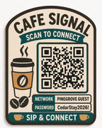 Cafe Signal Guest WiFi Sign textured multicolor sign shown close up against a plain warm white background in cream, espresso brown, and muted teal with a complete QR code and sample guest network details.