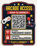 Arcade Access Guest WiFi Sign textured multicolor sign shown close up against a plain warm white background in navy, red, gold, and cream with a complete QR code and sample guest network details.