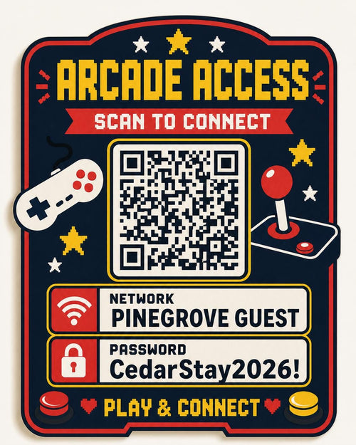 Arcade Access Guest WiFi Sign textured multicolor sign shown close up against a plain warm white background in navy, red, gold, and cream with a complete QR code and sample guest network details.
