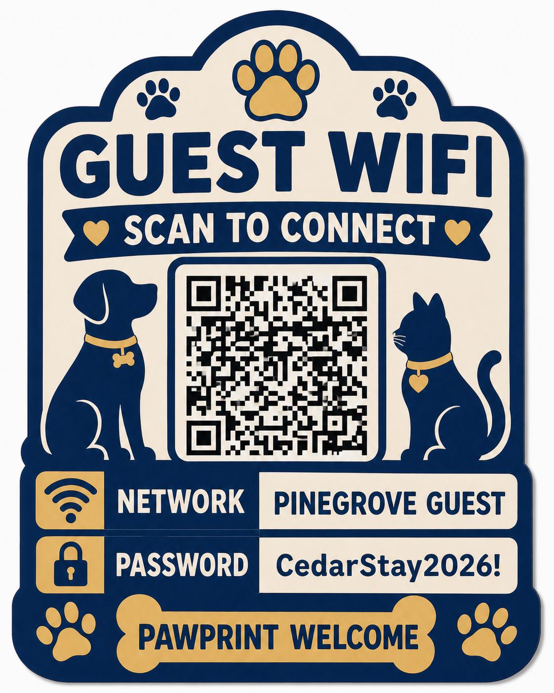 Pawprint Welcome Guest WiFi Sign textured multicolor sign shown close up against a plain warm white background in navy, warm cream, and gold with a complete QR code and sample guest network details.