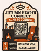 Autumn Hearth Connect Guest WiFi Sign textured multicolor sign shown close up against a plain warm white background in cream, espresso brown, and burnt orange with a complete QR code and sample guest network details.