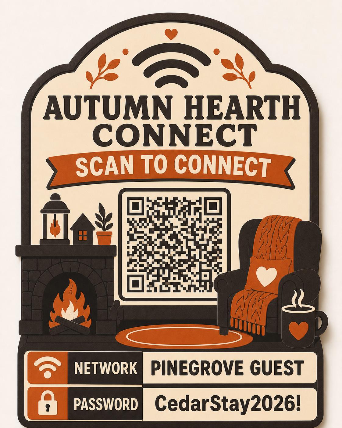 Autumn Hearth Connect Guest WiFi Sign textured multicolor sign shown close up against a plain warm white background in cream, espresso brown, and burnt orange with a complete QR code and sample guest network details.