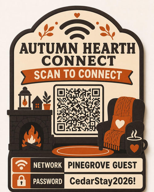 Autumn Hearth Connect Guest WiFi Sign textured multicolor sign shown close up against a plain warm white background in cream, espresso brown, and burnt orange with a complete QR code and sample guest network details.