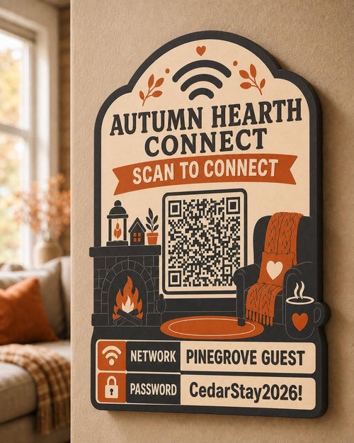 Autumn Hearth Connect Guest WiFi Sign textured multicolor sign mounted on a realistic neutral interior wall from a close side angle in cream, espresso brown, and burnt orange, showing the QR code and guest network details.