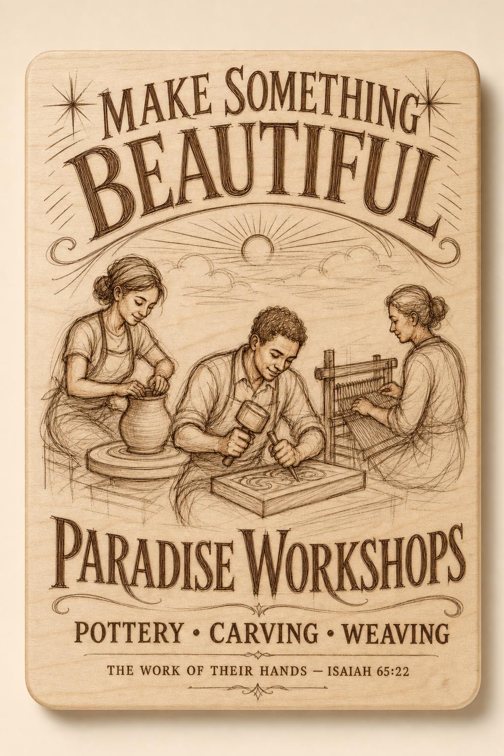 Natural birch engraved Paradise Craft Workshops wall sign with visible-faced illustrated people, close front view on a warm neutral background.