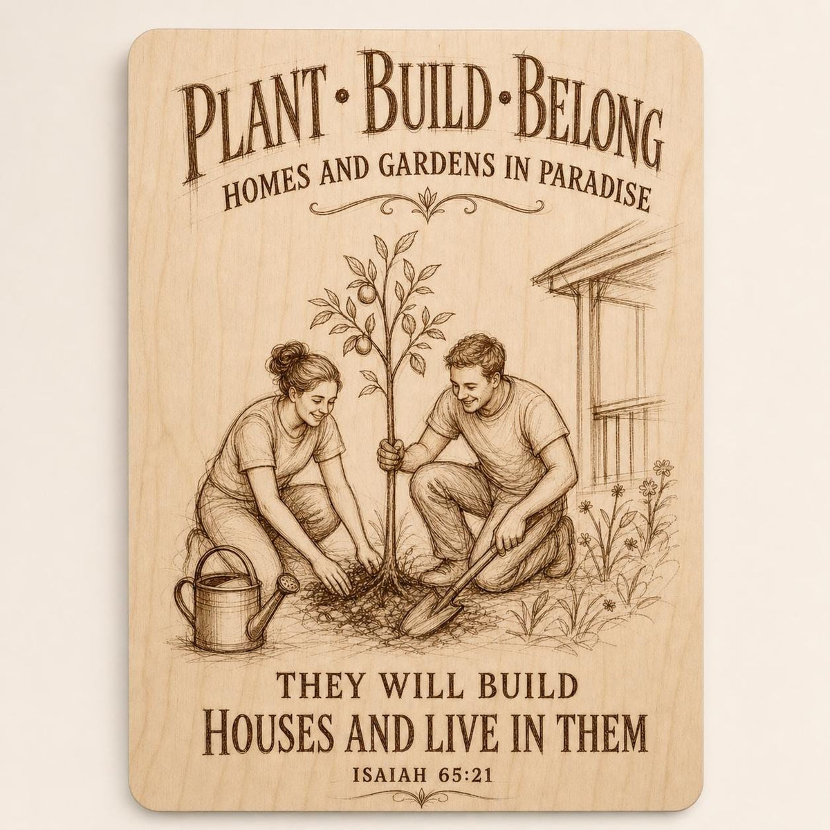 Natural birch engraved Plant Build Belong wall sign with visible-faced illustrated people, close front view on a warm neutral background.