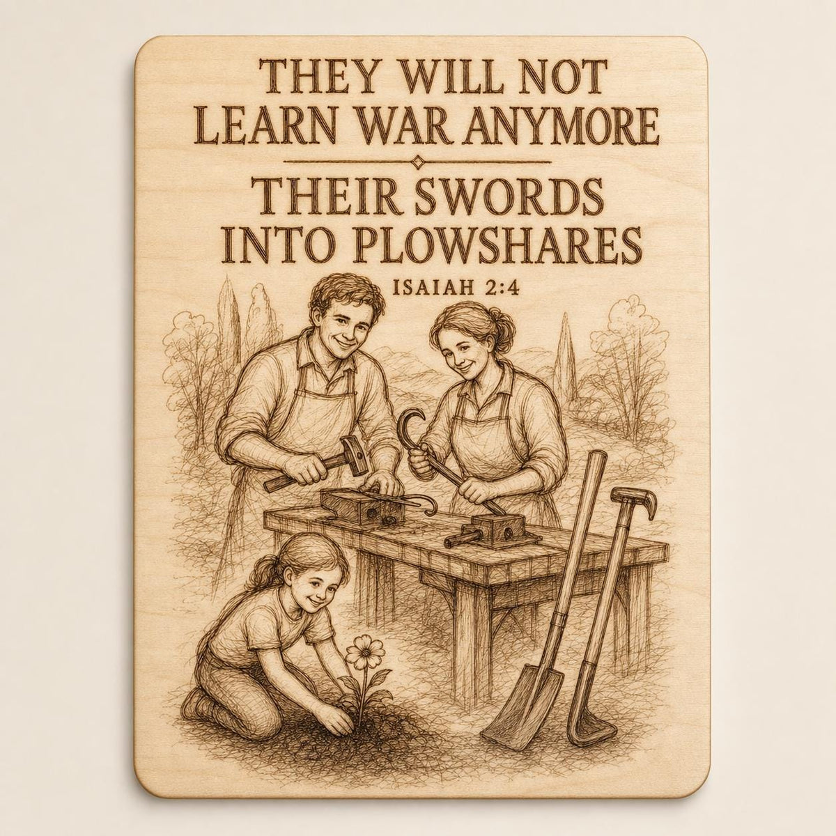 Natural birch engraved No More War Garden Tools wall sign with visible-faced illustrated people, close front view on a warm neutral background.