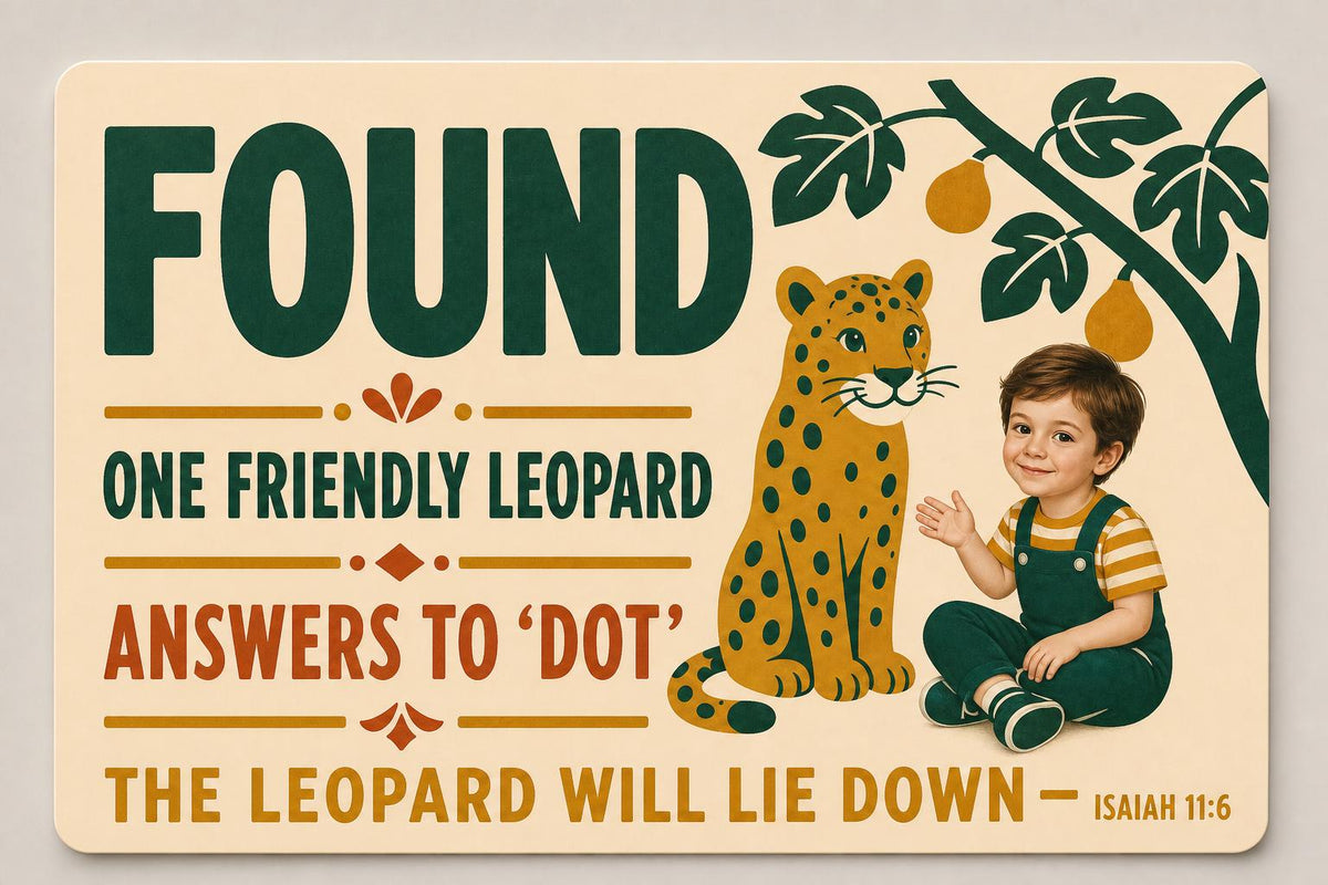 Flat color Friendly Leopard Found wall sign with visible-faced illustrated people, close front view on a warm neutral background.