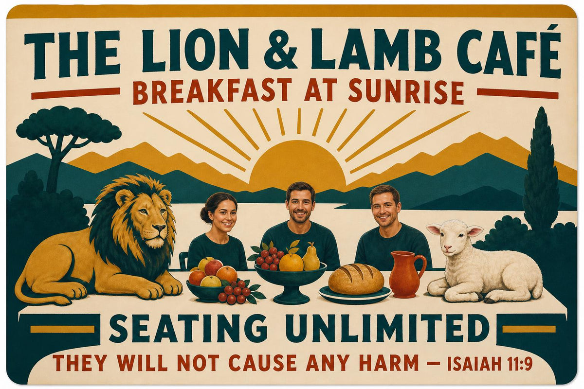 Flat color Lion and Lamb Paradise Café wall sign with visible-faced illustrated people, close front view on a warm neutral background.