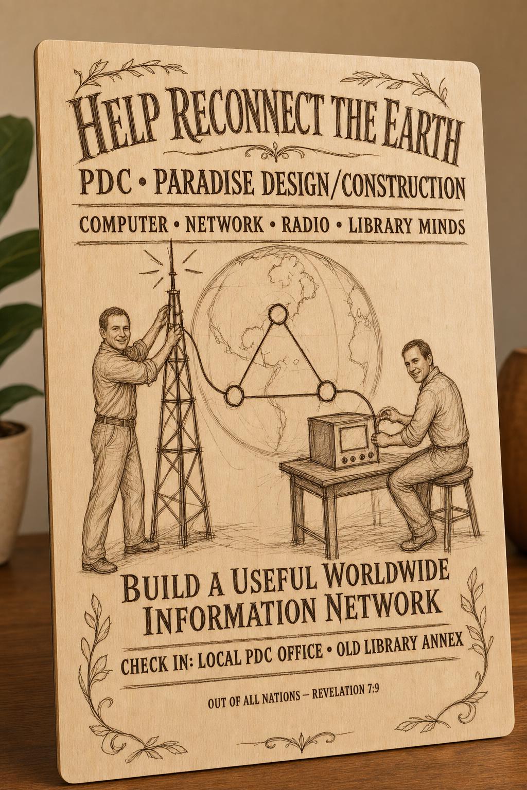 Natural birch engraved PDC Reconnect the Earth wall sign with visible-faced illustrated people, close angled view in a realistic room showing the thin finished edge.