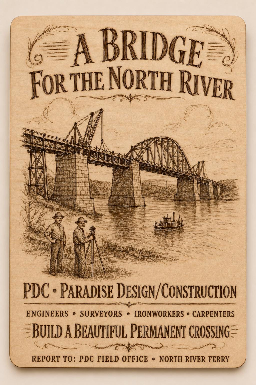 Natural birch engraved PDC North River Bridge wall sign with visible-faced illustrated people, close front view on a warm neutral background.