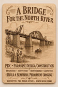 Natural birch engraved PDC North River Bridge wall sign with visible-faced illustrated people, close front view on a warm neutral background.
