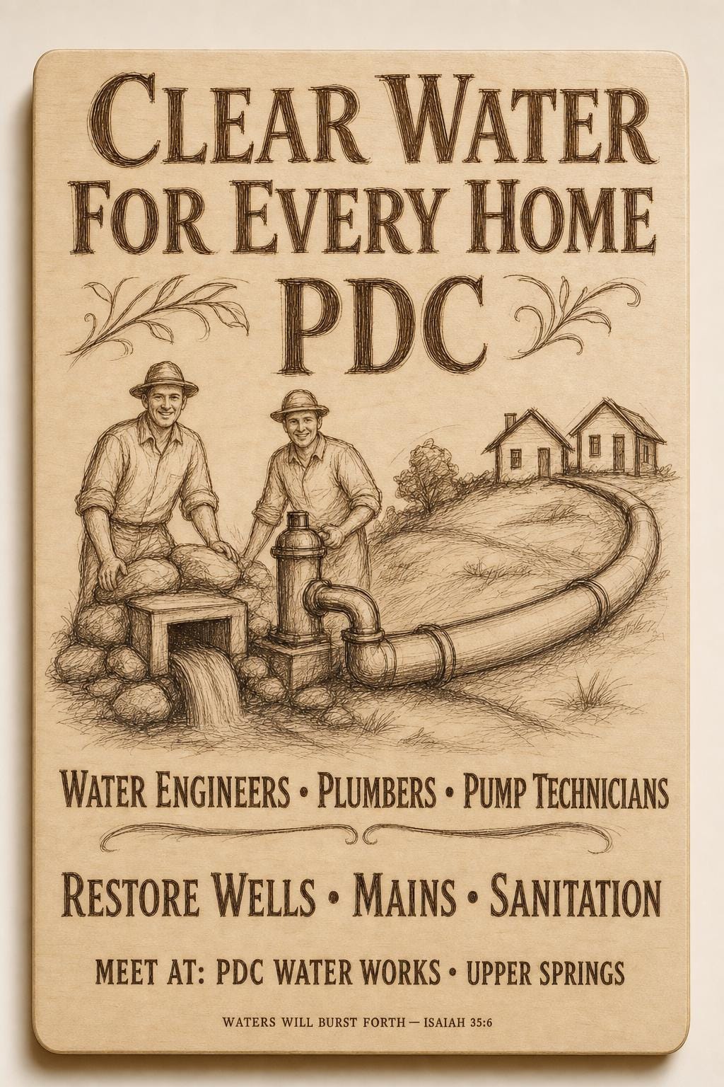 Natural birch engraved PDC Clear Water for Every Home wall sign with visible-faced illustrated people, close front view on a warm neutral background.