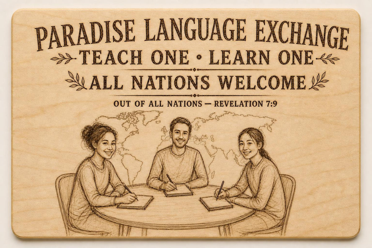Natural birch engraved Paradise Language Exchange wall sign with the same three visible-faced illustrated people as the angled photo, close front view on a warm neutral background.