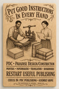 Natural birch engraved Paradise Design Construction Useful Publishing sign with a visible-faced Black male printer and East Asian female translator in varied practical clothing, close front view on a warm neutral background.
