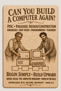 Natural birch engraved Paradise Design Construction Build a Computer Again sign with a visible-faced older Black woman engineer and younger South Asian male technician, close front view on a warm neutral background.