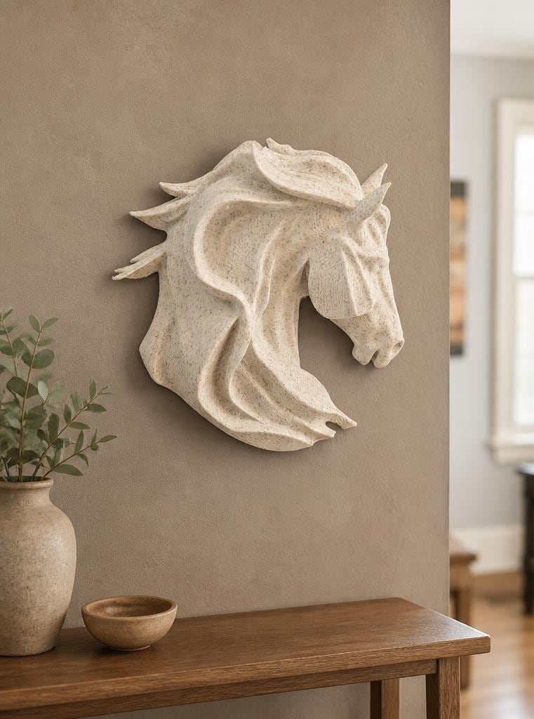 Homestead Equine Wall Sculpture in rich black mounted close-up on a warm neutral living-room wall.