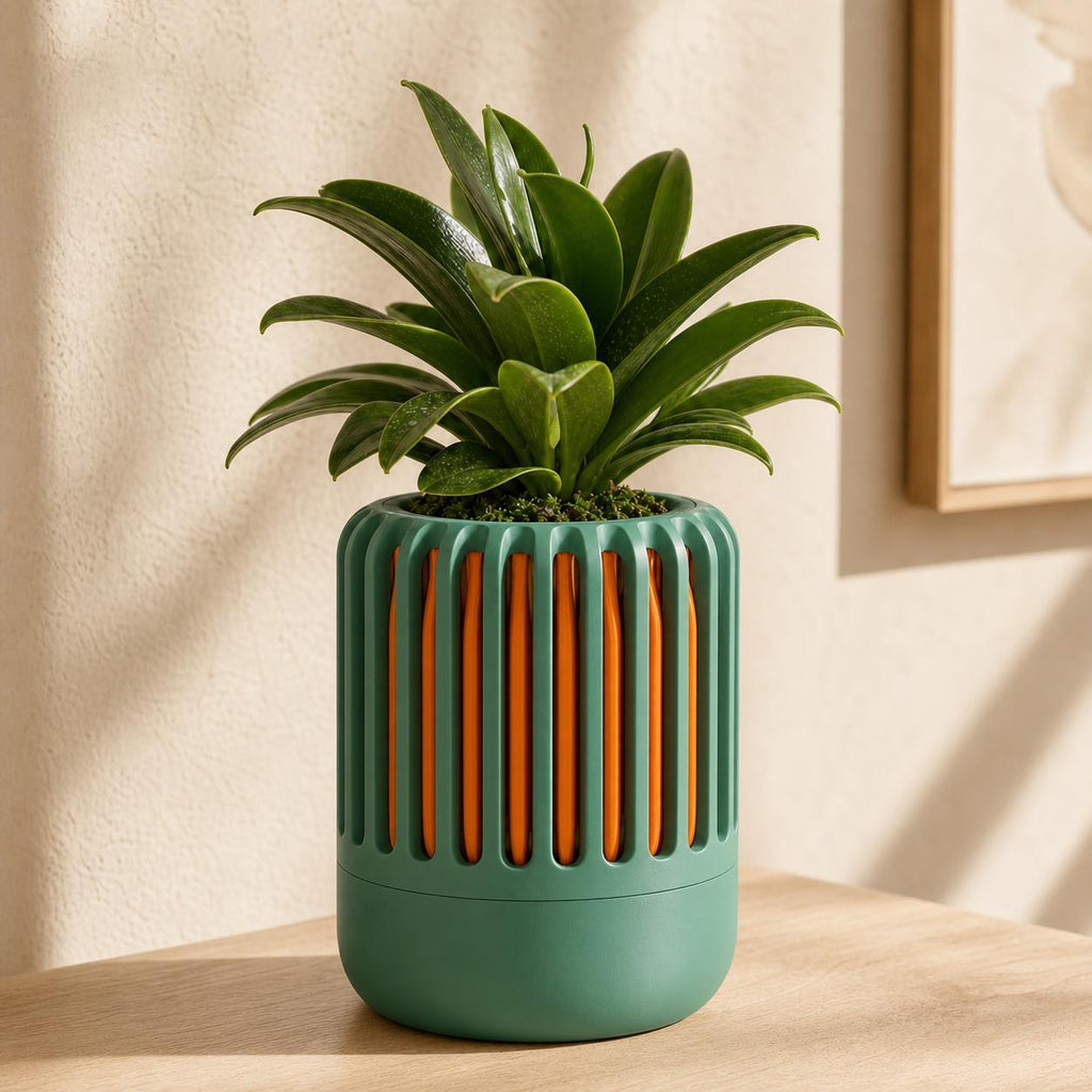 BreezeCage Orchid Pot, close-up of the Airloom orchid planter in Mistletoe Green and Pumpkin Orange Forest Ember colors