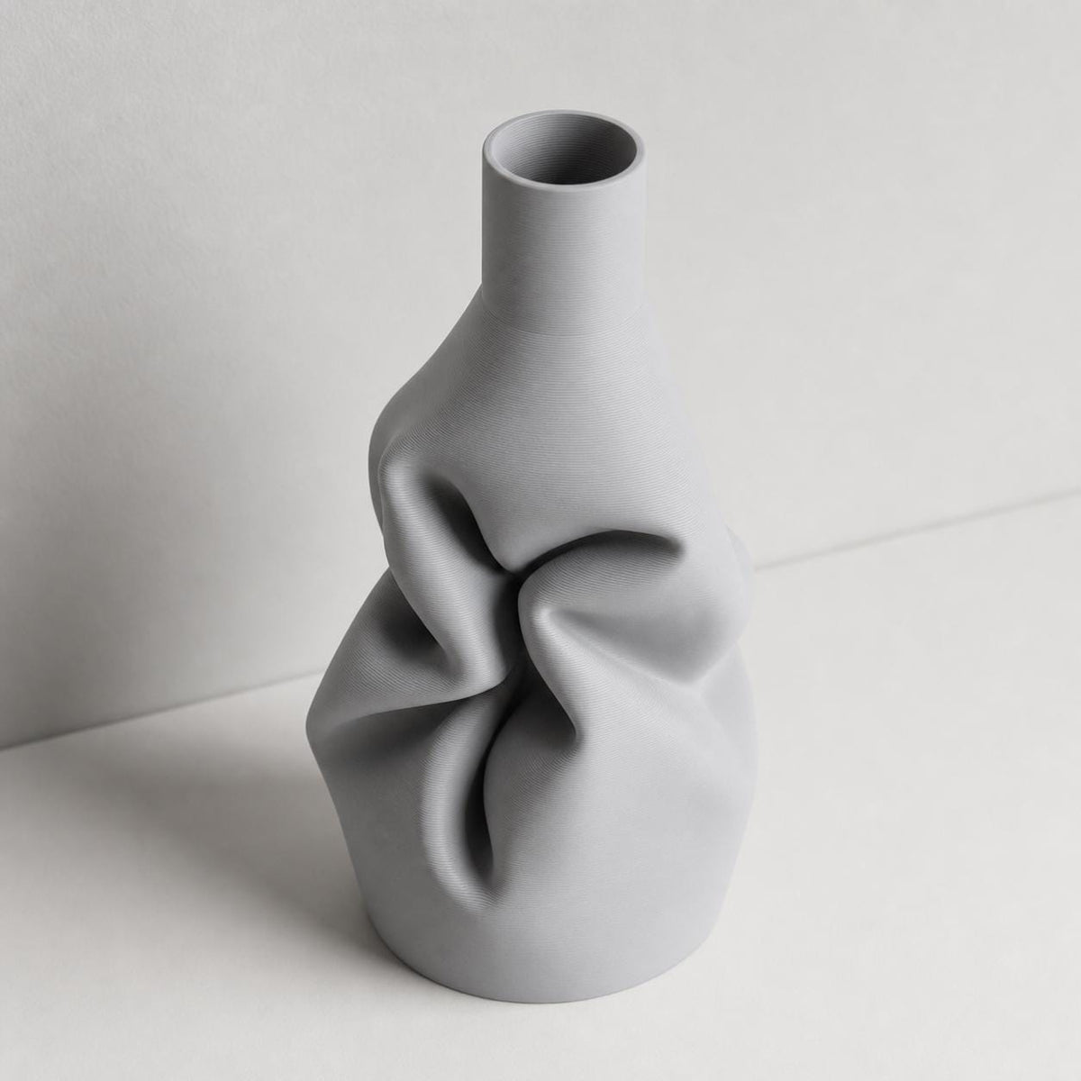 Elevated close-up of the Ash Gray LinenFlow Decorative Vase Gathered Fold vase and its open rim