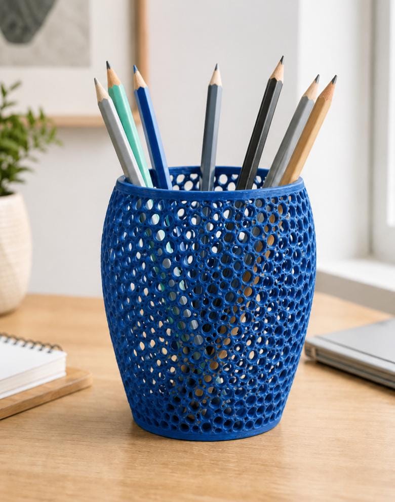 Breezewick utility cup in marine blue, three-quarter close-up on a warm wood desk holding pencils.