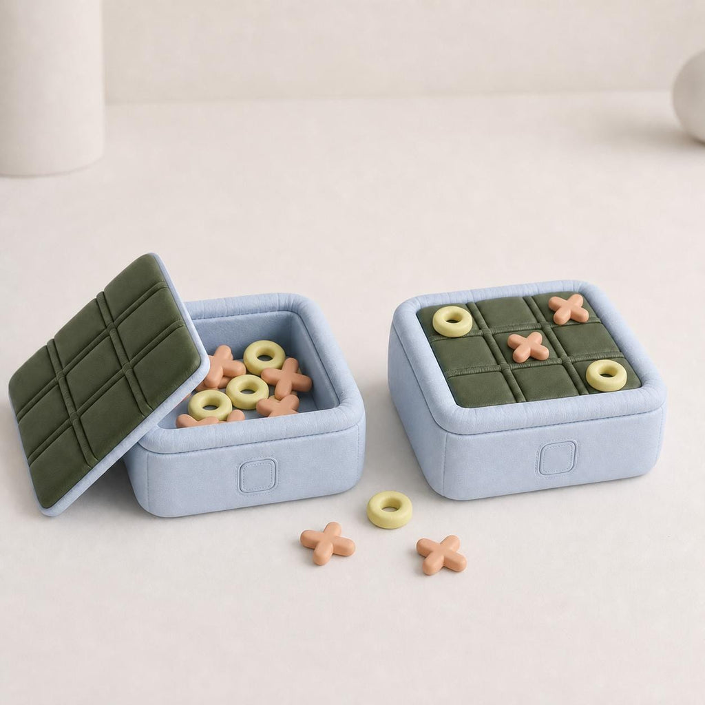 PuffGrid Travel Tic Tac Toe Game, Push Button Storage Box, Padded Look Coffee Table Game, 6 Matte Colorways, shown in the main close-up listing view with its overall design visible.