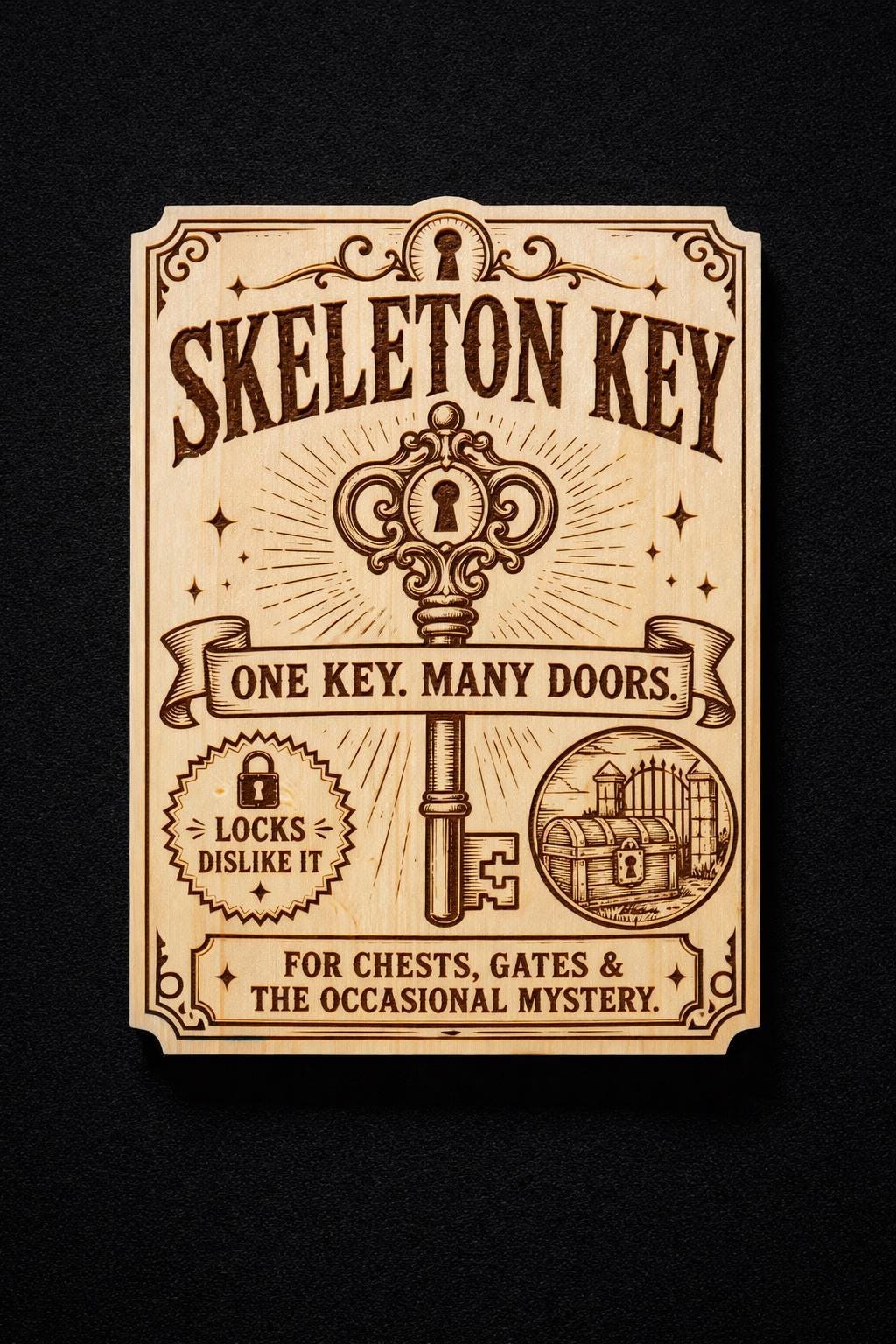 Skeleton Key Wood Sign, Fantasy Adventure Wall Decor, Vintage Key Poster, Gamer Room Shelf Art, Mystery Chest Gift, shown in the main close-up listing view with its overall design visible.