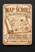 Fantasy Map Scroll Wood Sign, Adventure Wall Decor, Gamer Room Desk Art, Engraved Birch Quest Plaque, shown in the main close-up listing view with its overall design visible.