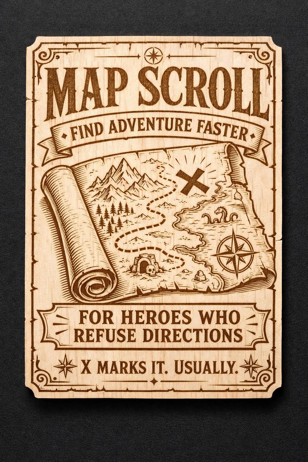 Fantasy Map Scroll Wood Sign, Adventure Wall Decor, Gamer Room Desk Art, Engraved Birch Quest Plaque, shown in the main close-up listing view with its overall design visible.